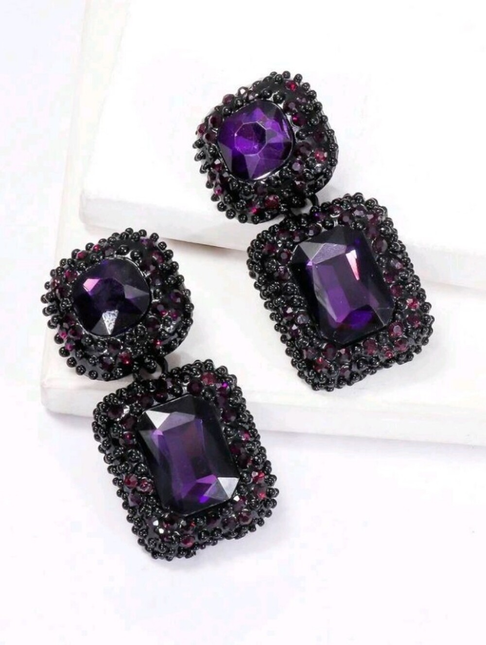 NEW! Chic Purple Gem Geometric Gunmetal Drop Post Earrings - Women's Jewelry